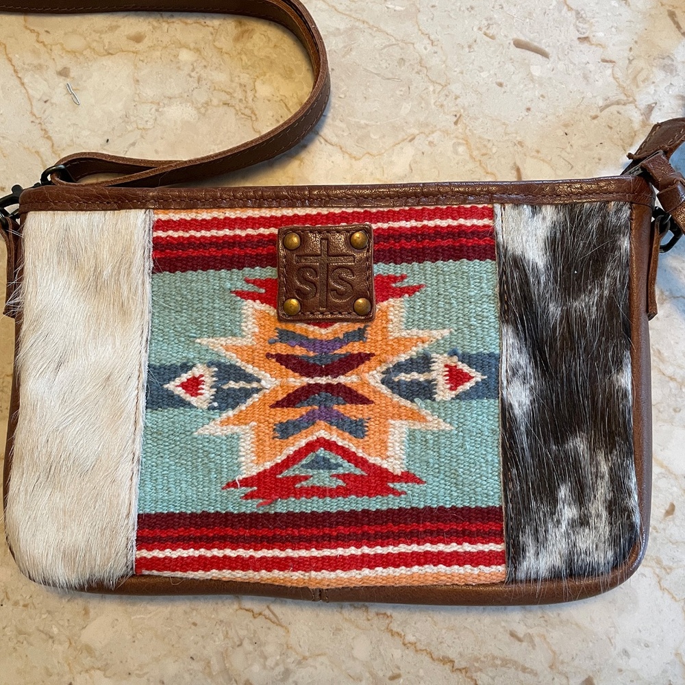 Festival StS Leather Purse Over Shoulder Bovine Cow Fur Aztec Embroidery 6.5x10